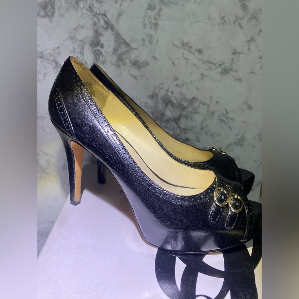 Beautiful Nine West - Chyna Black Leather Open Toe Pumps- EUC Size 8.5